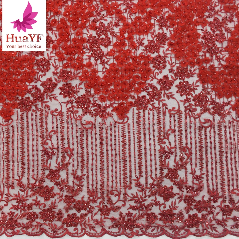 2020 Ready Stock dubai fabric importers Red luxury embroidered dress fabrics 3d flower lace wholesales HY1270