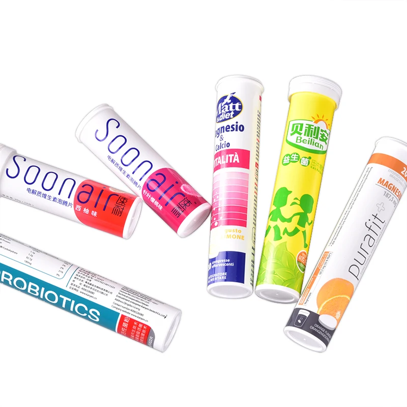 PP plastic vitamin C supplement effervescent tablet tube with silica gel desiccant spring caps