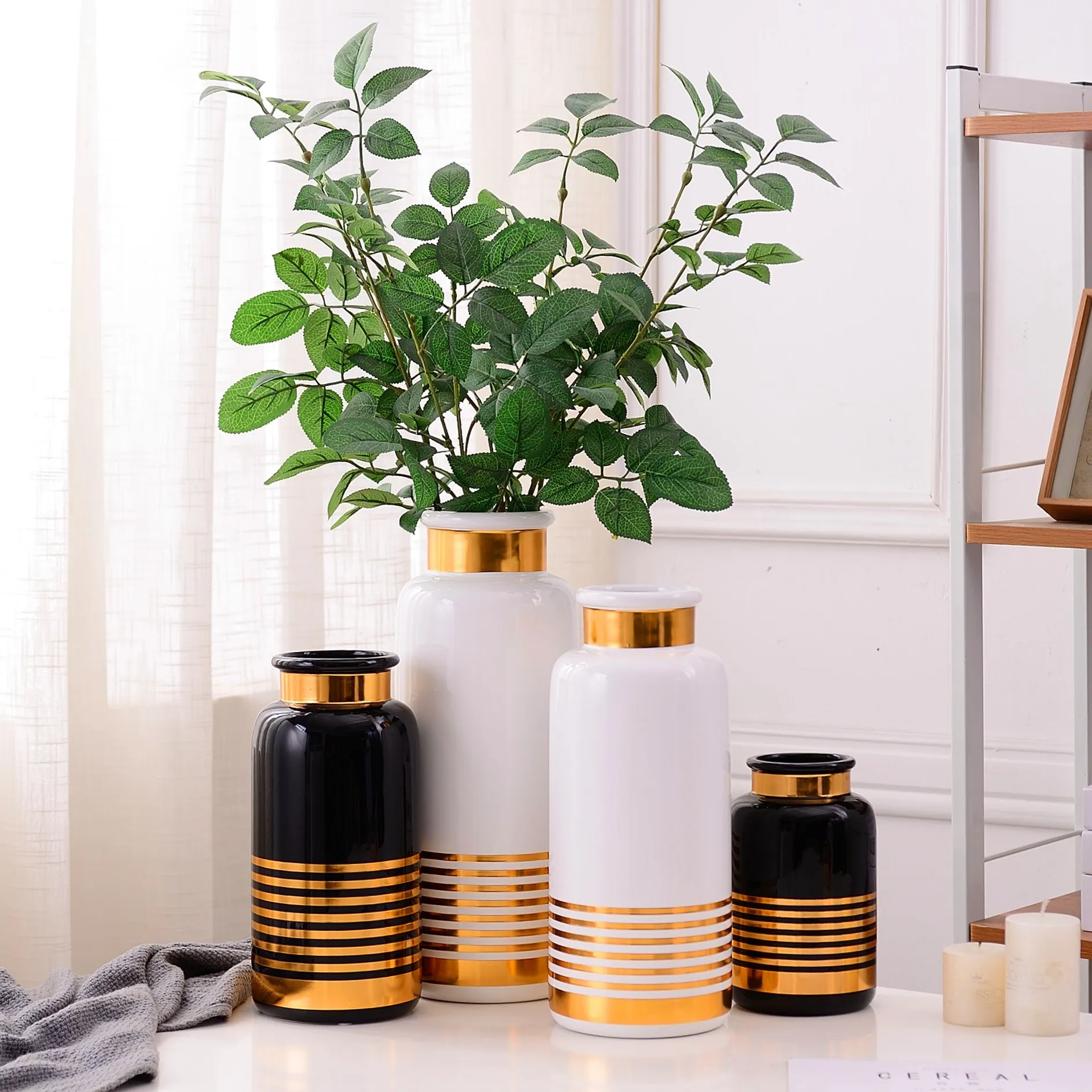  Simple modern white & black with gold line Cylinder Shape ceramic vases for home