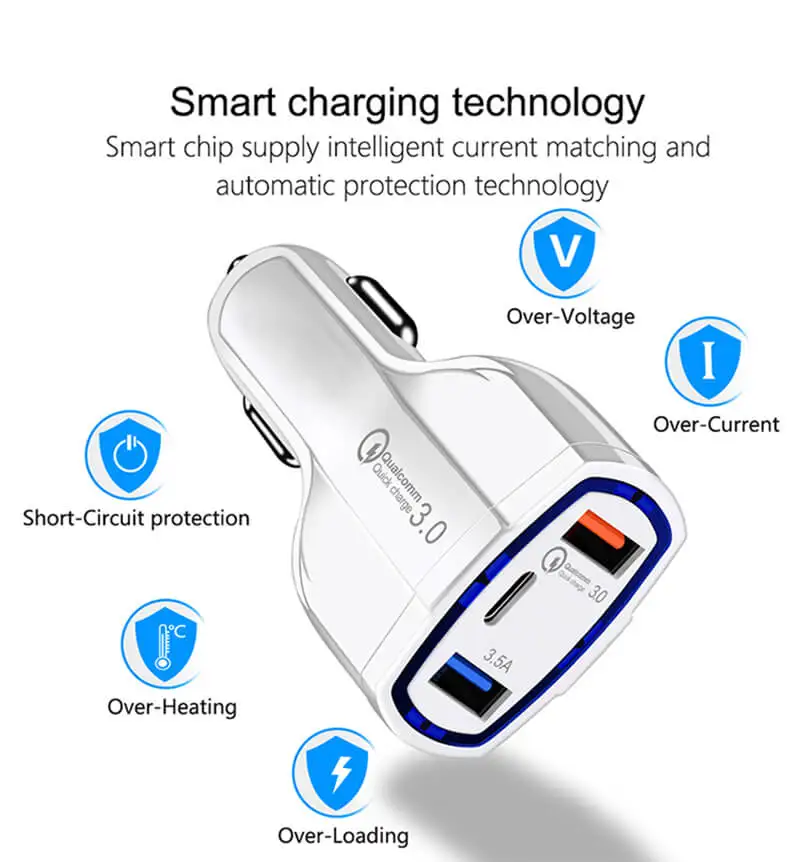 Multi Portable USB Type C Car Phone Charger USB Adapter Pd 20W Qc 3.0  3.5A  3 In 1 Fast Charging  Car Charger