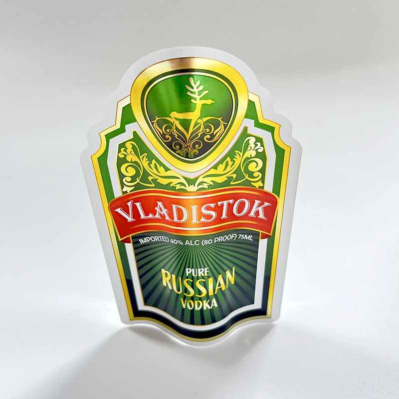Custom Vinyl Water Resistant Gold Aluminum Foil Silver Beer Label Printed Reflective Vodka Glass Bottle Label Sticker Design