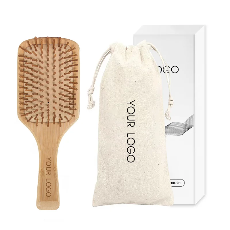 Wholesale Massage Scalp Paddle Hair Brush Private Label Air Cushion Wooden Handle Paddle Brush
