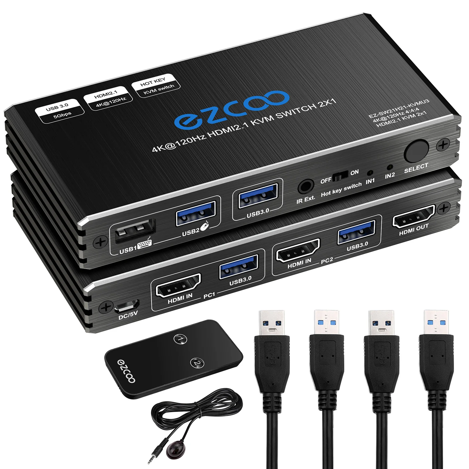 USB 3.0 KVM Switch 2x1 HD-MI 2 Computer Share Keyboard Mouse Printer Scanner Mac W-indows HDCP Bypass 2 USB3.0 Cable 2.1 HDMI