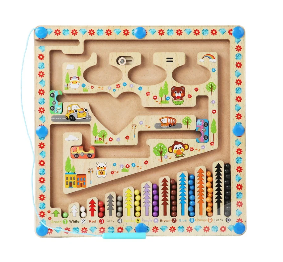 Heart Shaped Traffic Magnetic Color And Number Maze Wooden Counting Matching Puzzle Board Wooden Magnet Maze Board