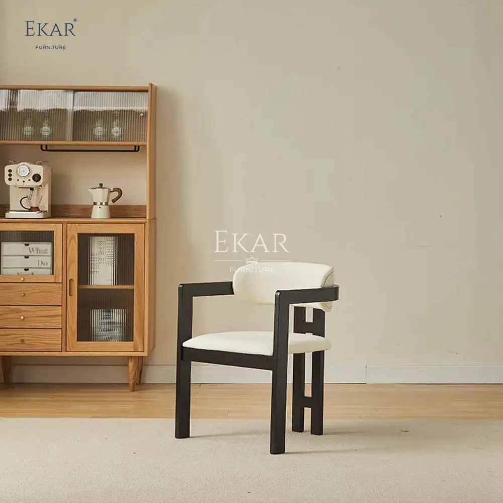 Modern White Waxwood Smoke Finish Dining Chair Imported Leather with Scratch-Resistant Open Paint Frame Armrests for School Use