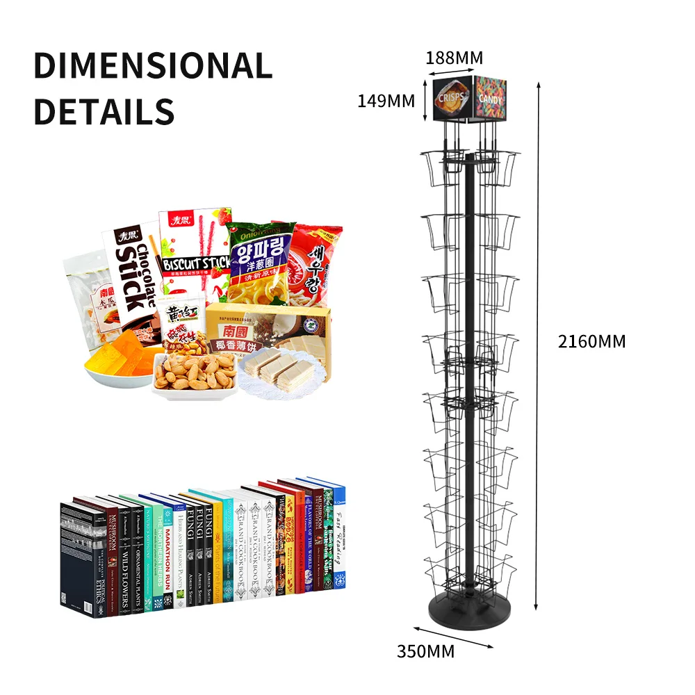 OEM/ODM 8-Tiers Metal Wire Supermarket Retail Snack Food Display Flooring Rack with 32 Pockets