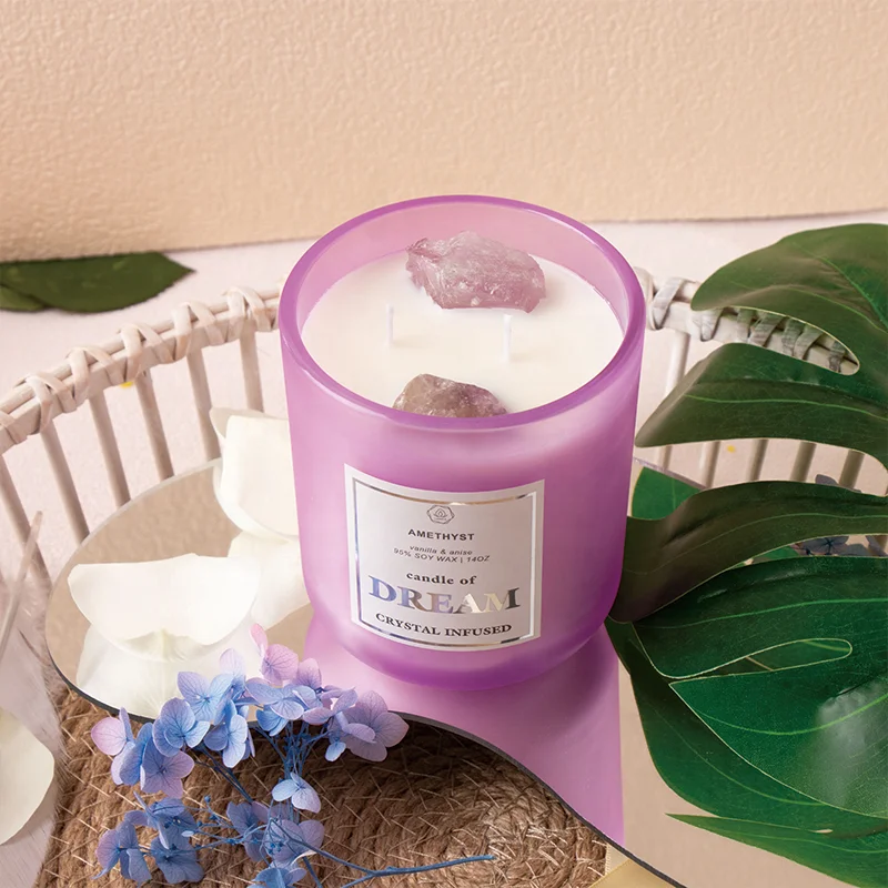 Handmade custom wood wick soy wax luxury aroma scented candles with crystals inside