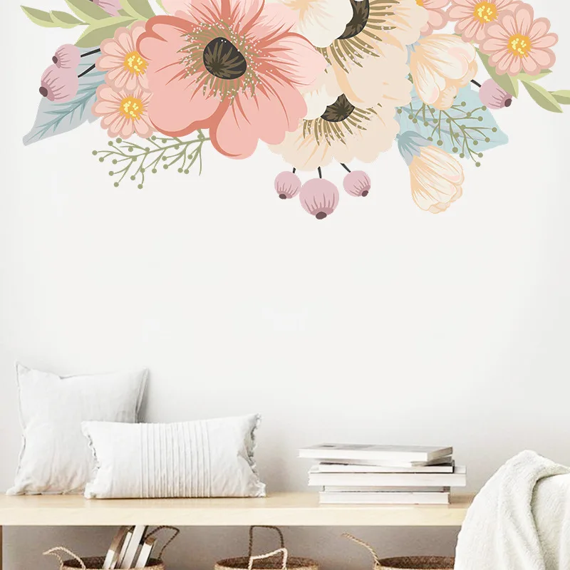 Hot Sale Romantic Pink Flowers Wall Sticker Self Adhesive PVC Wallpaper For Women Bedroom Creative TV Sofa Background Wall Mural