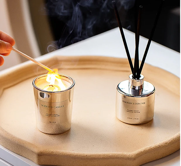 Souvenir Gift box set Private label Black silver electroplate reed diffuser and candle scented luxury set