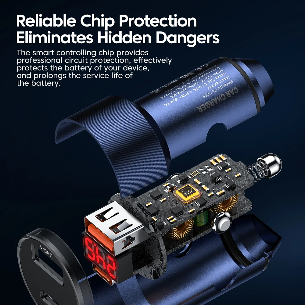 Toocki high power 75W Aluminum Alloy digital display electric car charger  fast charging with LED smart display