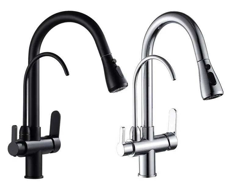 Kitchen Faucet Brass Body 2 Handles for Drinking Water 3 Way Modern Faucet Chrome Alloy Contemporary Ceramic Kitchen Tap Brushed