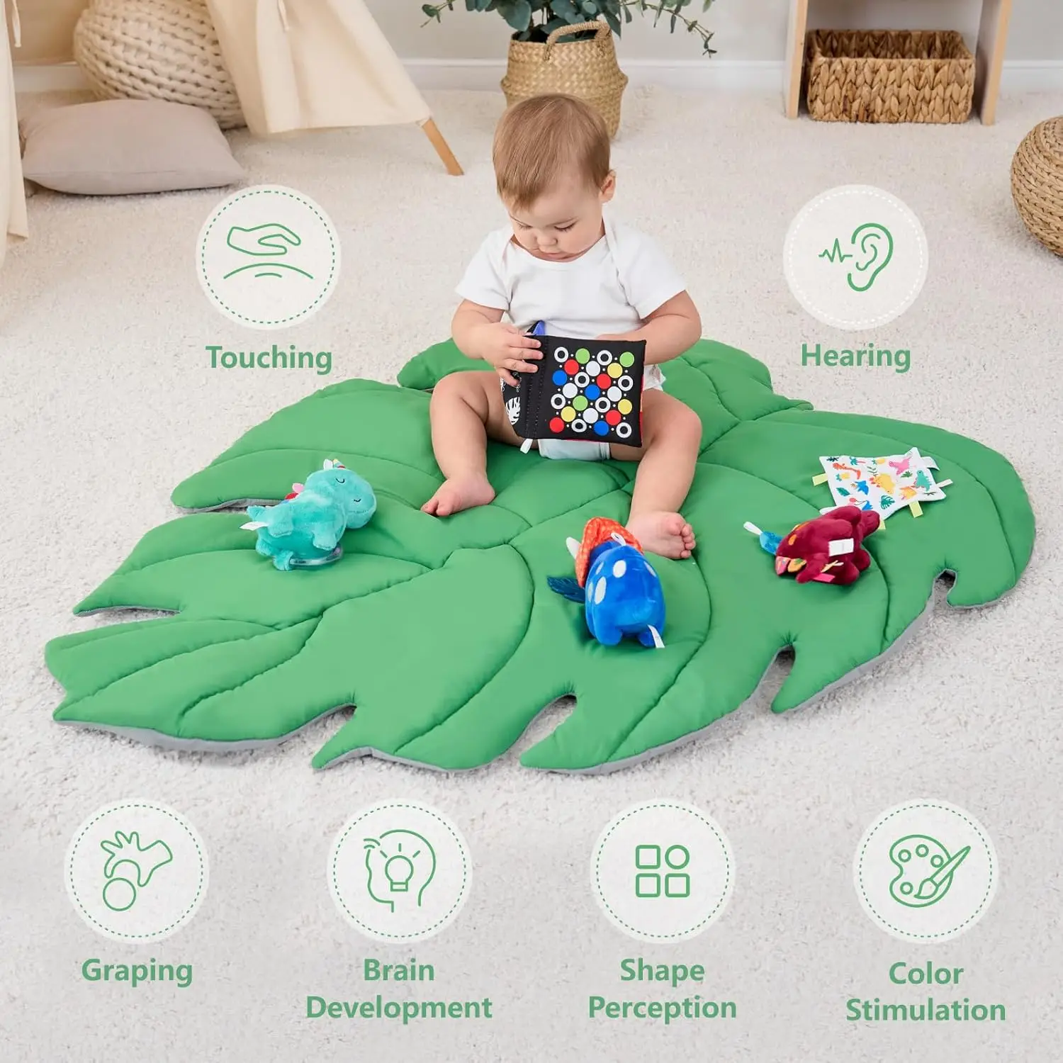 Baby Play Mat Baby Gym Large Space Leaf Shaped Baby Tummy Time Play Mat Activity Crawl Mats with 6 Dinosaur Sensory Toys