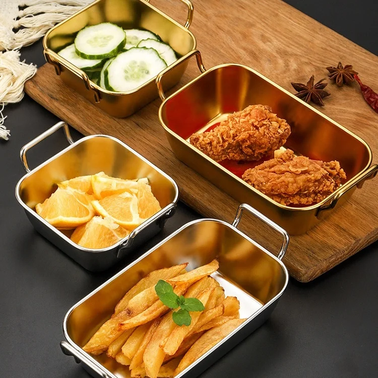 OEM/ODM Durable Restaurant Snack Dishes Silver Gold Stainless Steel Outdoor Square Serving Plate Bowl Dishes