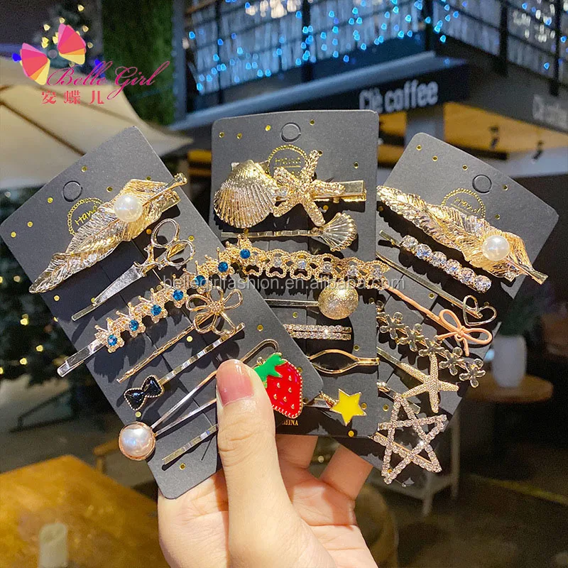 BELLEGIRL Custom fashion gold plated leaf butterfly hair pins accessories metal duck bill starfish eye hair clips set for women