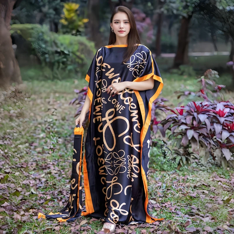 Middle East Islamic Muslim Party Dress Luxury Designer Silk Printed Kaftan Fashion Silk Dressing Gowns For Women Large Size Robe