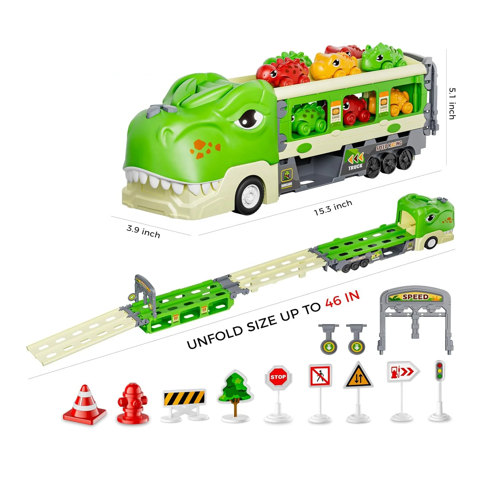 2024 New B/O Dinosaur Truck with 6 Dino Car,Foldable Track 2 Player Race Car with Light And Sound,Catapult Transform vehicle