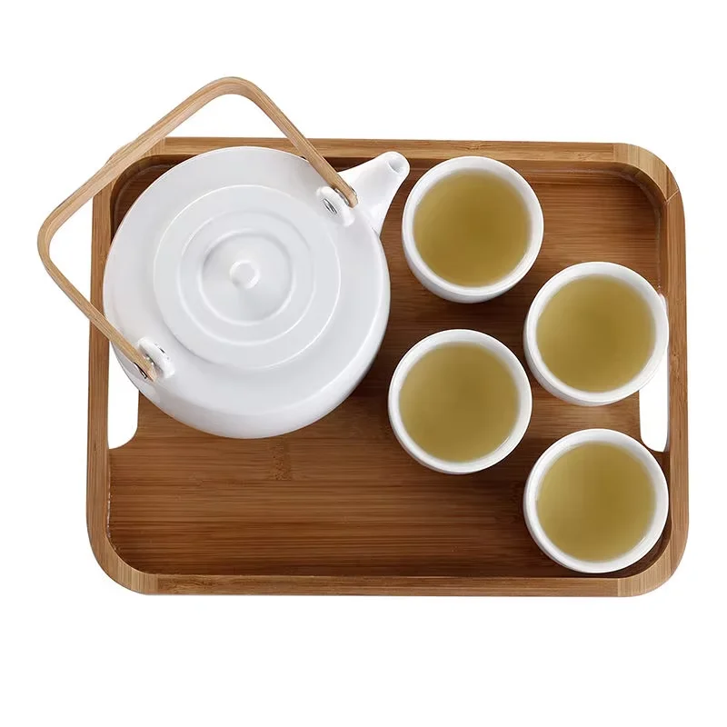 oem odm manufacture factory enamel tea cup set teapot 7-Piece White Ceramics Tea pot Set With Bamboo Serving Tray