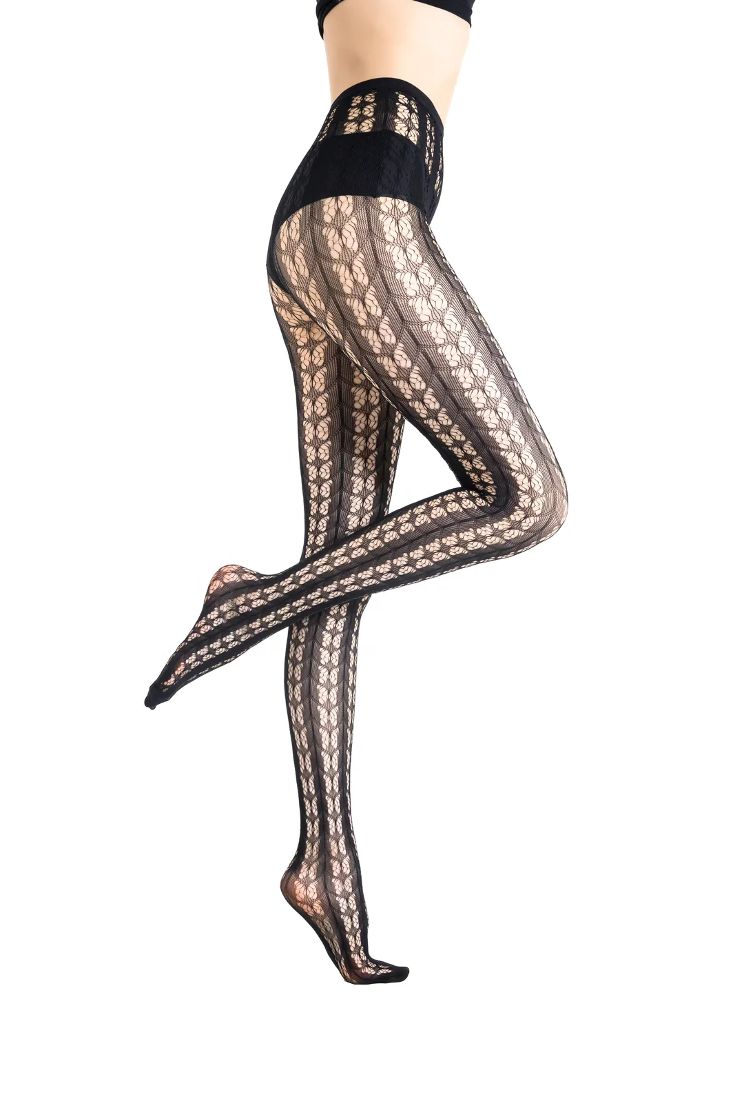 Customized Black Butterfly Pattern Women Fishnet Tights with Reinforced Toe