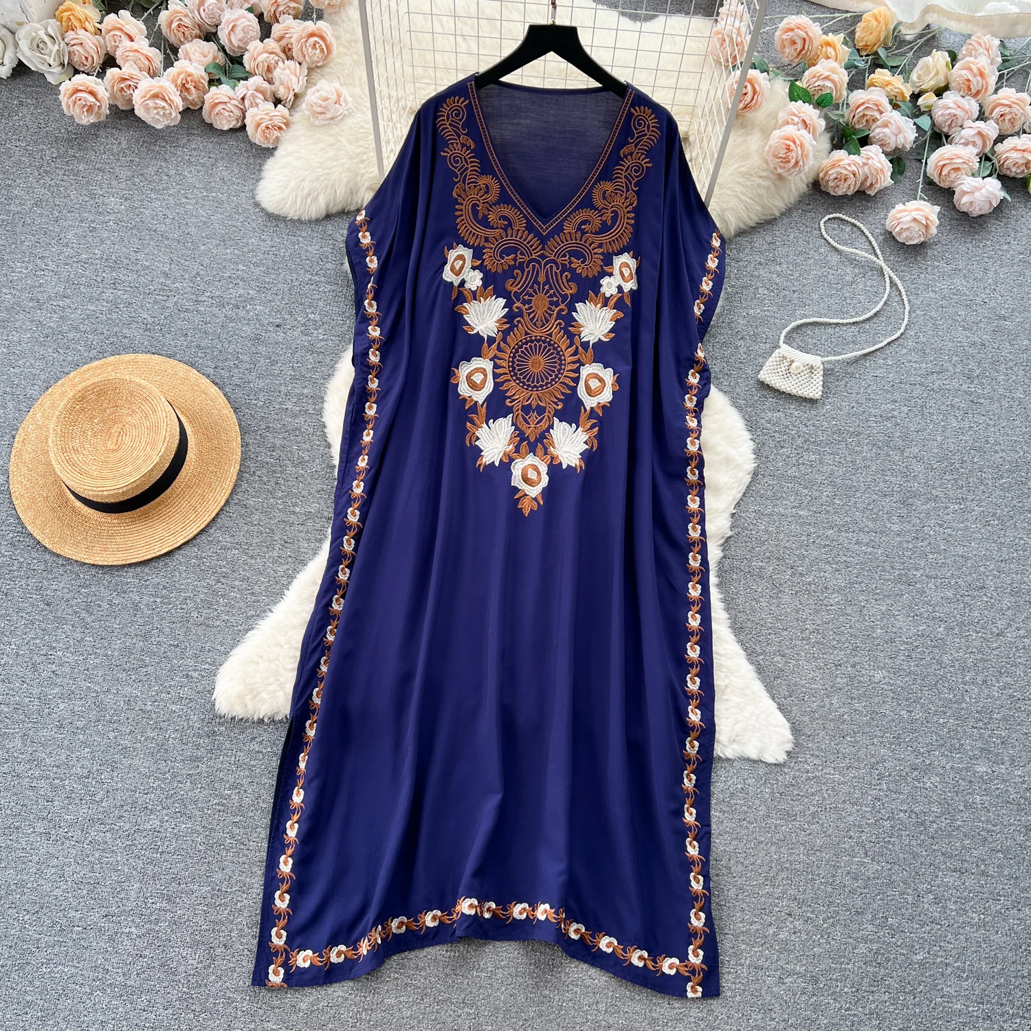Customized retro style heavy embroidery loose fitting dress long skirt