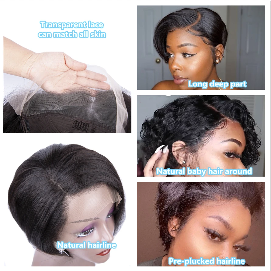 Brazilian Human Hair Water Wave Pixie Cut Short Full Lace Braided Wig For Black Women