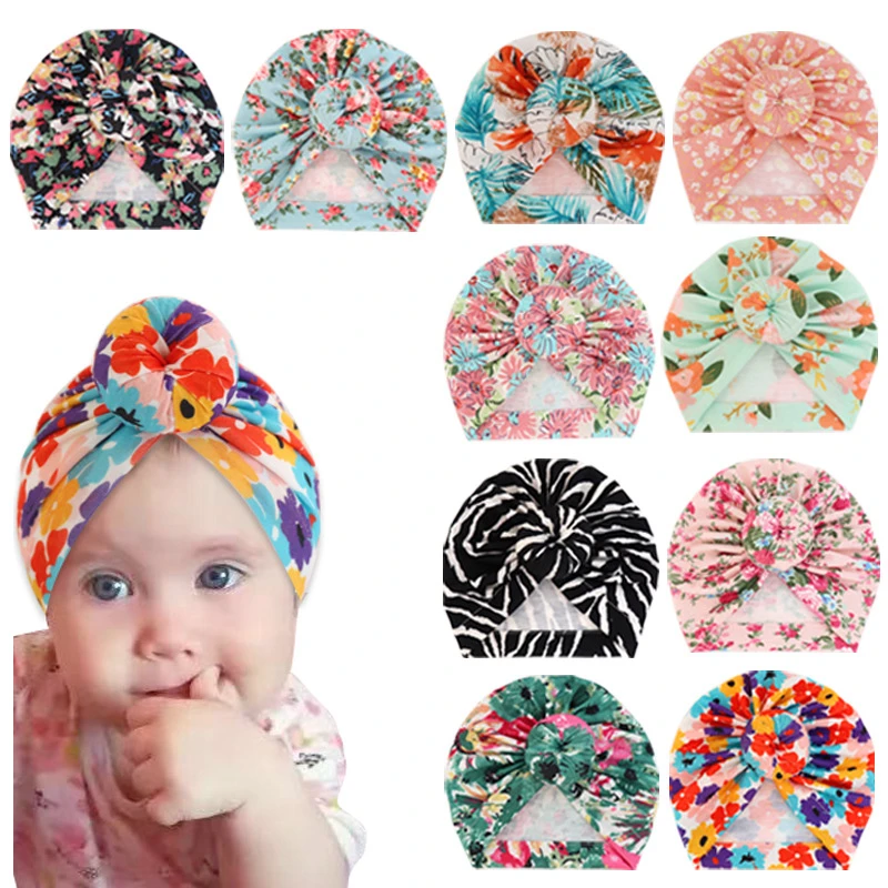 Kids Teens Baby Child Knot Pre-Tied Bonnet Printing Beanie Cap Doughnut Headwrap Turban