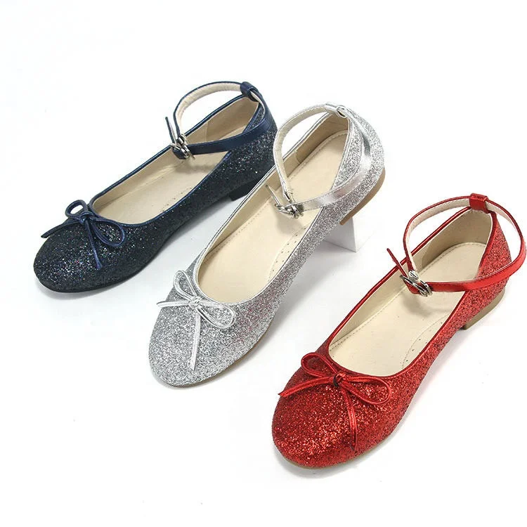 Princess Kids Leather Shoes Glitter Children High Heel Girls Shoes for Girls Ankle Strap Casual Butterfly Knot Red Sliver Red PU