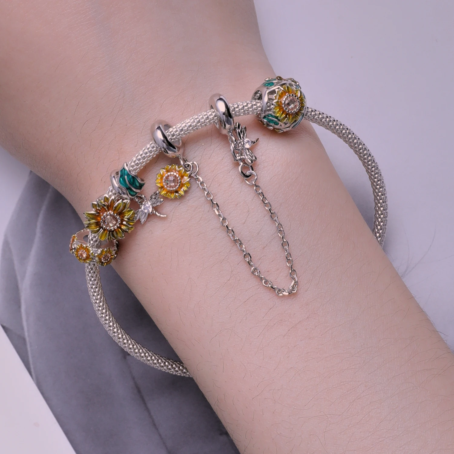 Factory Wholesale 925 Sterling Silver Enamel Sunflower Beads Dragonfly Silica Gel Safety Chain for Women Bracelet DIY