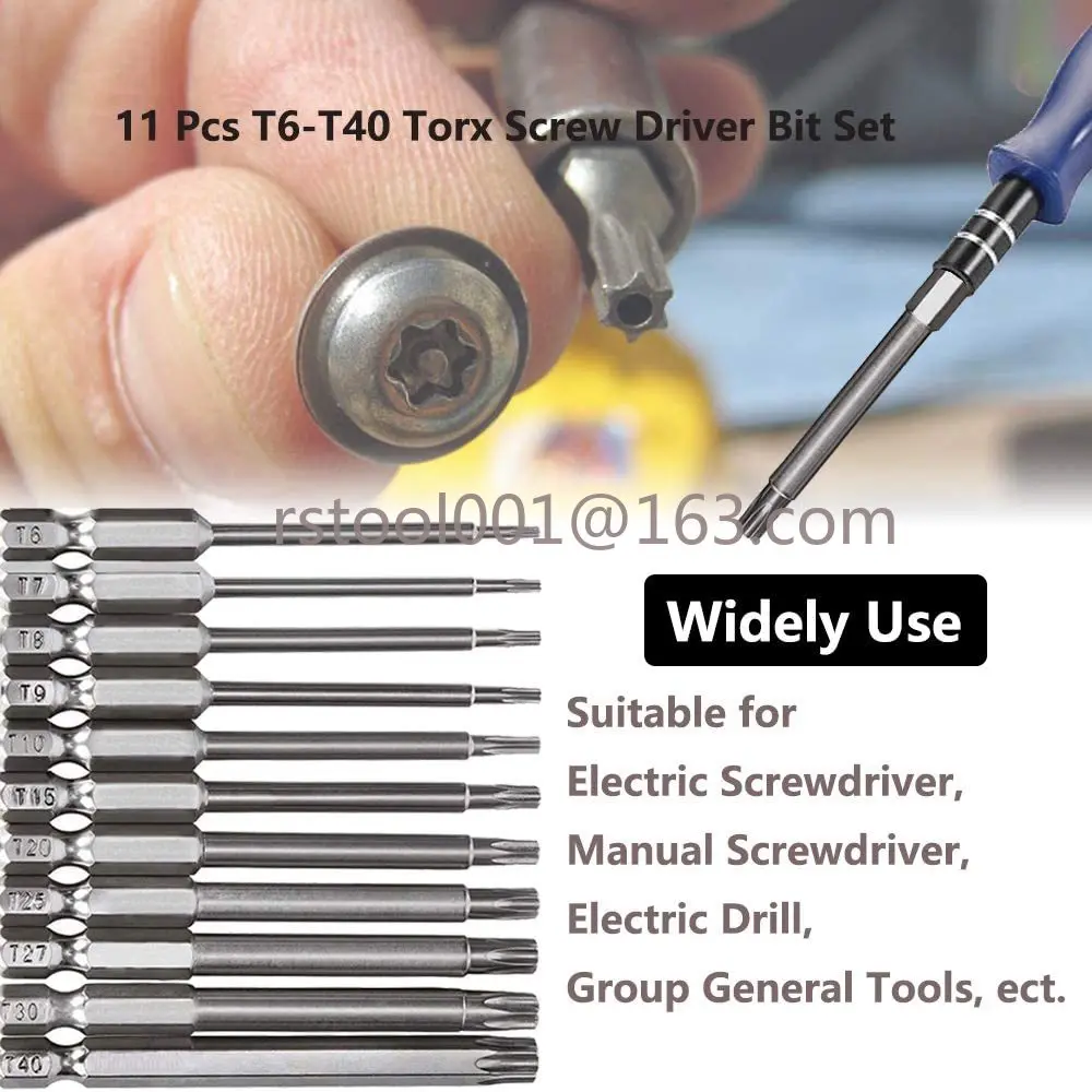 11pcs Torx Screwdriver Bits Set With Hole T6 T8 T9 T10 T15 T20 T25 T27 T30 T35 T40 1/4 Inch Hex Shank, 75mm/3 Inch Long