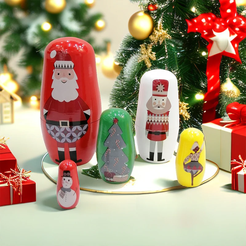 5Pcs Russian Matryoshka Dolls Handmade Wooden Christmas Table Decoration Doll Nesting Dolls Set for Kids Birthday Toy Gift