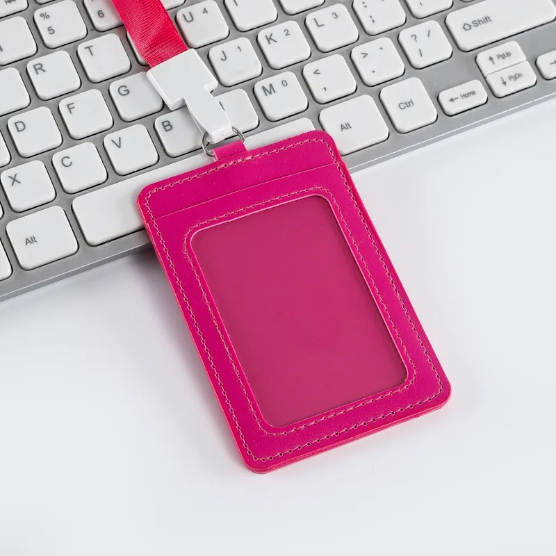 Custom Wholesale School worker card Candy Color PU Leather Employee ID card badge holders With Lanyards 1016