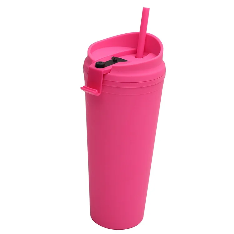 24oz Double-layer Plastic Straw Cup Portable Flip Cover Double Wall Tumbler