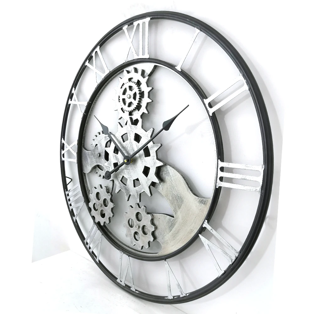 70cm round retro industrial style silver wood wheel gear roman numbers home decor quartz wall mounted clock for living room