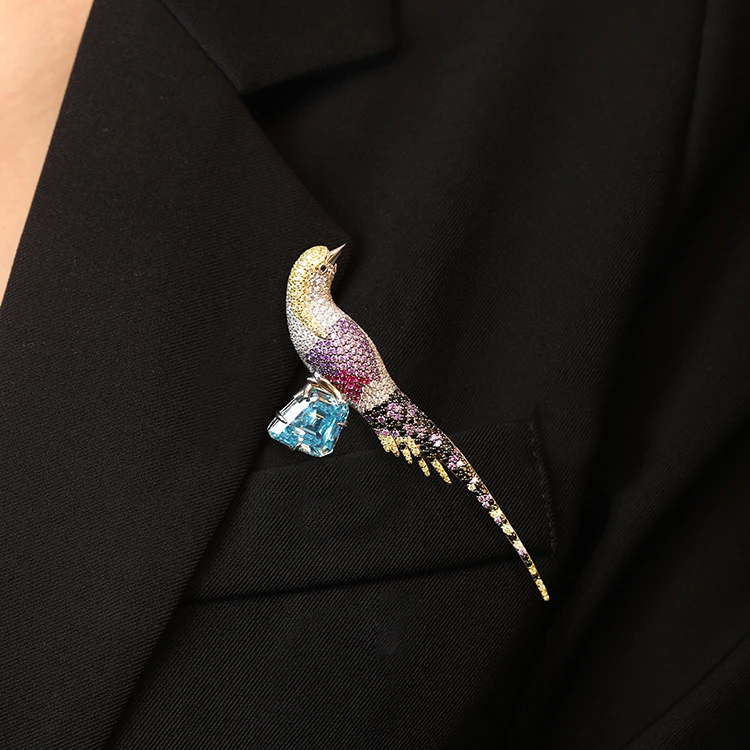 Classic Silver Tone Simulated Color Diamond Brooch Gold Plating Sterling Silver 925 Brooch