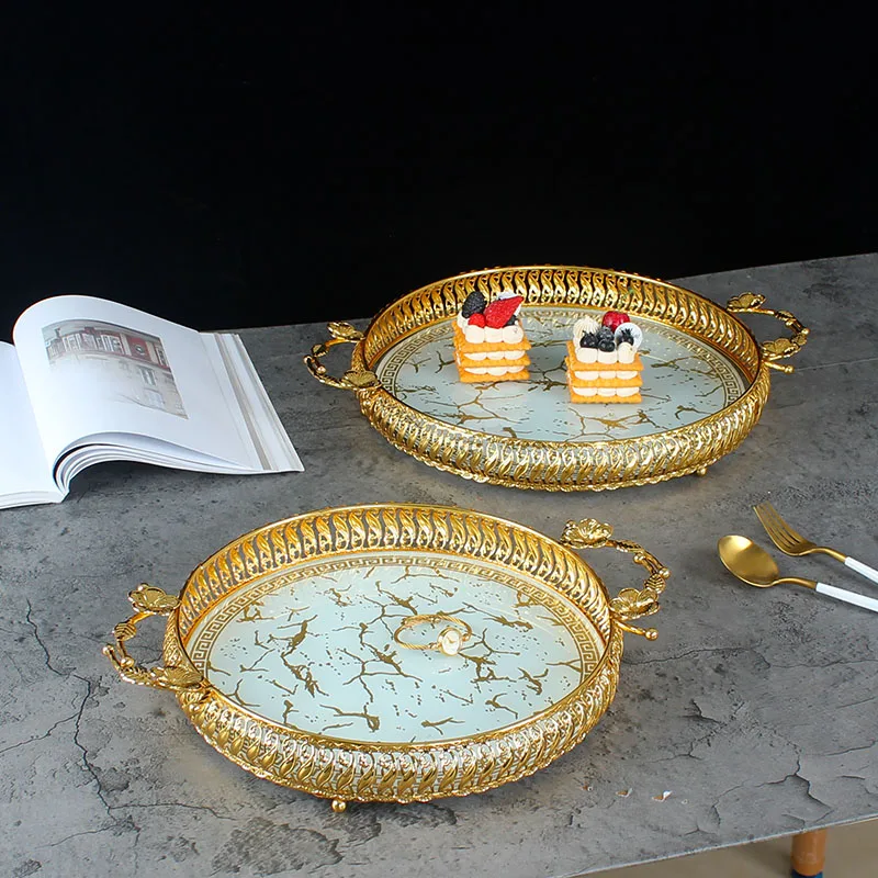 2024 Luxury Round Home Hotel Wedding Bathroom Decor Tray Gold Glass Metal Frame Storage Tray