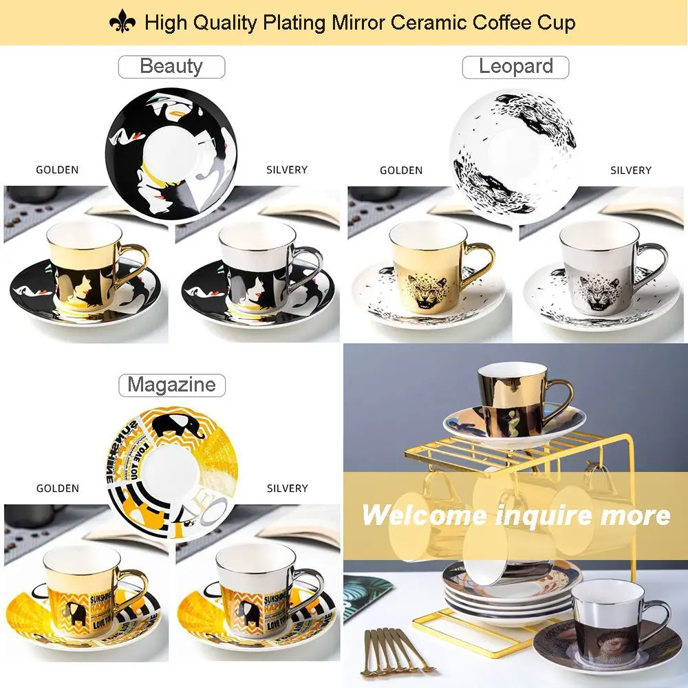 Tazas creative electroplating mirror reflection Light luxury mug set gift box ceramic coffee cups with gold handle