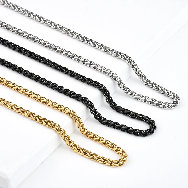 Waterproof Classic Silver Black Gold Plated Wheat Chain Necklace Stainless Steel 3mm Width Wheat Chain Necklace For Men Boys