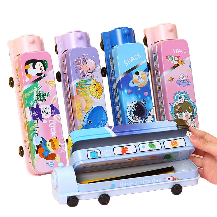 BEYOND 2 layer Kids Children Kawaii Locomotive Cute Bus Metal Tinplate Pencil Case Box for Kids School Girls
