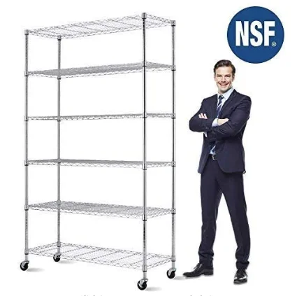 NSF China Wholesale 6-Shelf Shelving Storage Unit, Chrome Silver Metal Organizer Wire Rack  With Wheels