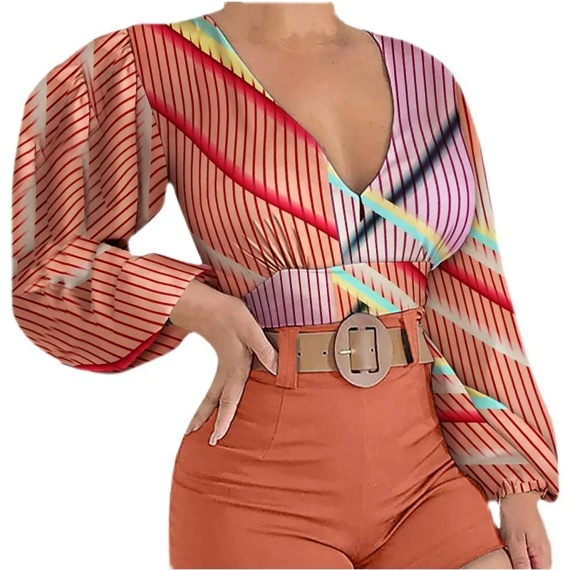 T-Shirt Sexy Crop Top spring Elegant Long Sleeve V Neck Ruffle Chiffon Trim Floral Print Shirt Tops Clothing For Women