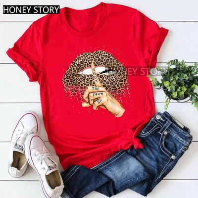 Woman Graphic T Shirts Polyester Leopard Print Lips Cheap Graphic T Shirts Women 2022 Tshirt