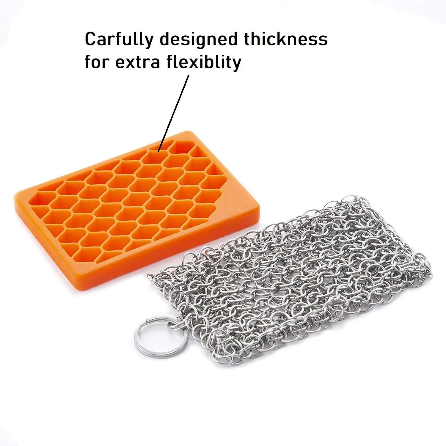 Stainless Steel Kitchen Tool Cleaning Cast Iron with Chain Mail Scrubber With Hollow Silicone Rubber Pad