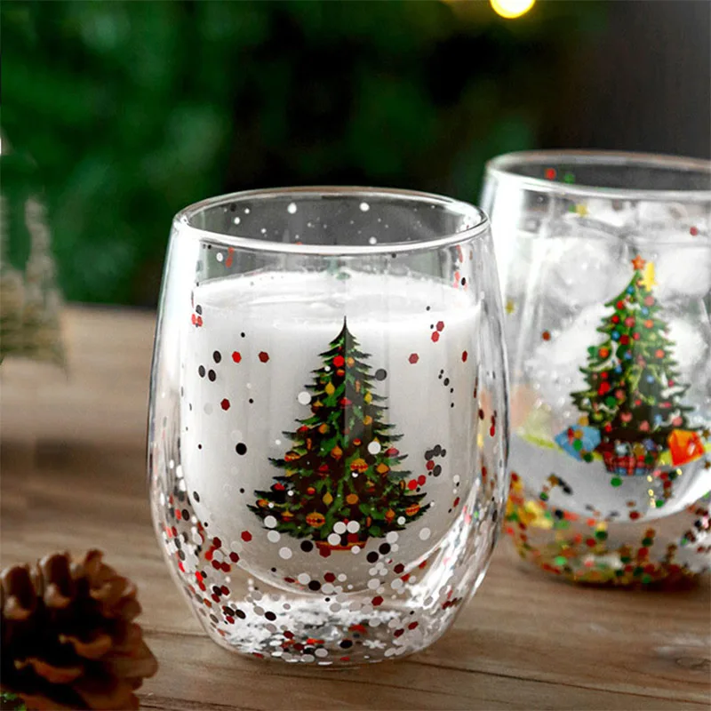 Factory wholesale hand blow new design christmas holiday double wall cup Printing Heat-resistant Flowing Sequins scented candles