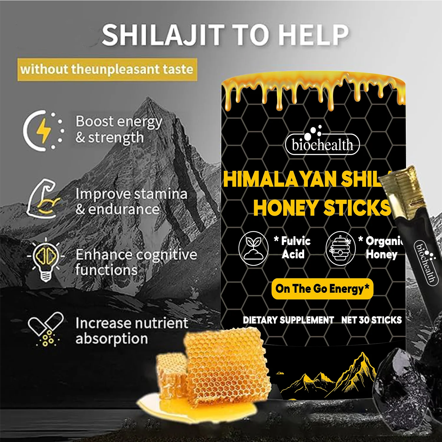 Biochealth GMP Pure Himalayan Shilajit Sticks with Organic Honey, Saffron - 30 Sticks for Energy Boost & Immune Support