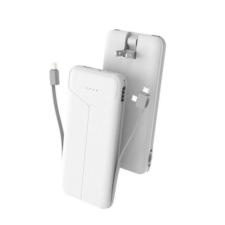 Portable Slim 10000mAh Charger Built-in Charging Cables External Battery Power Bank With AC Wall Plug
