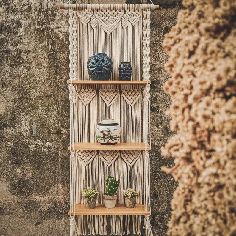 Boho 3-Tier Cotton Handmade Home Living Room Decor Wood Board Macrame Wall Hanging Shelf