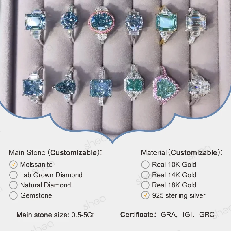 Factory Outlet Wholesale Price Dainty Vintage 925 Sterling Silver Cushion Tri Round Blue Sapphire Moissanite rings 1Ct 2ct 5ct