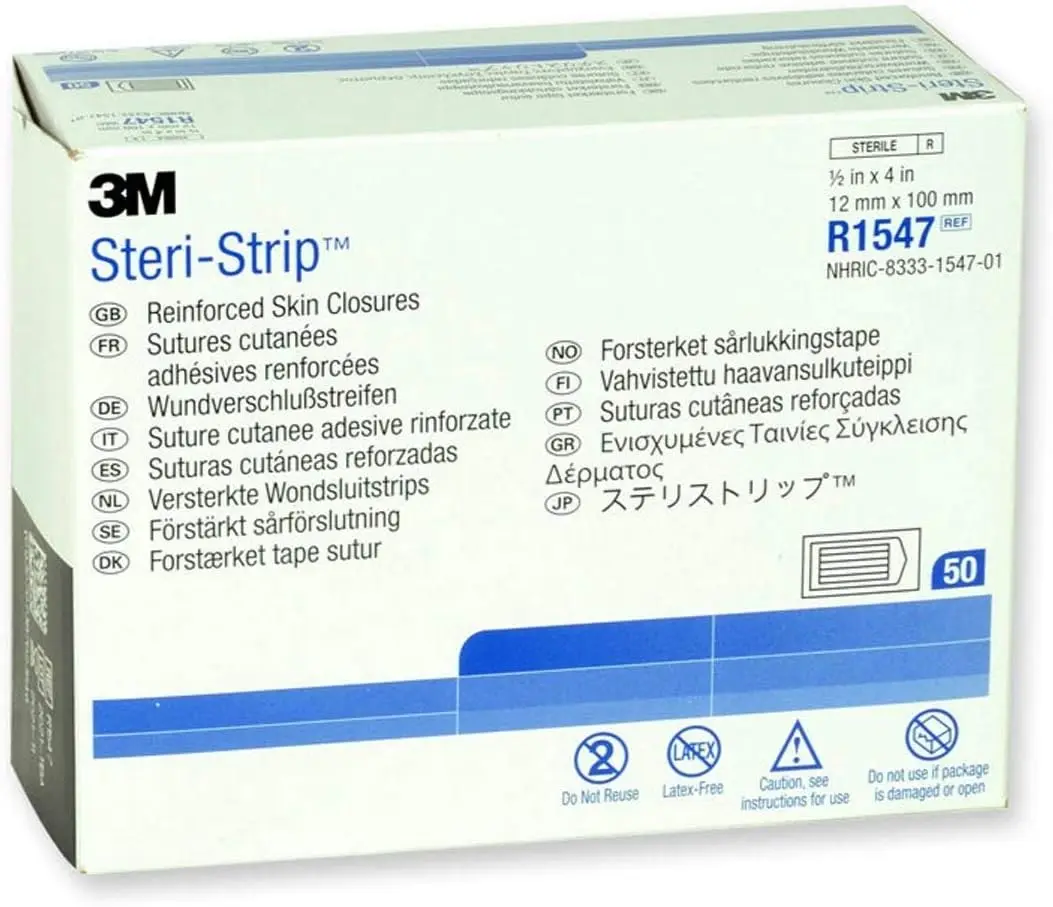 3M Steri Trip Reinforced Stitchless Tape -0.5 inches x 4 inches (approximately 1.3 cm x 10.2 cm) - Pack of 6 (60 in total) 50
