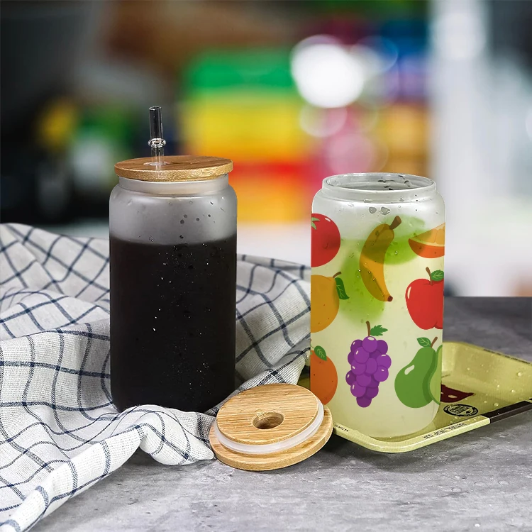 AilinGalaxy wholesale drinking glass tumbler 16oz jars with lid frosted print sublimation can shaped tumbler cups beer