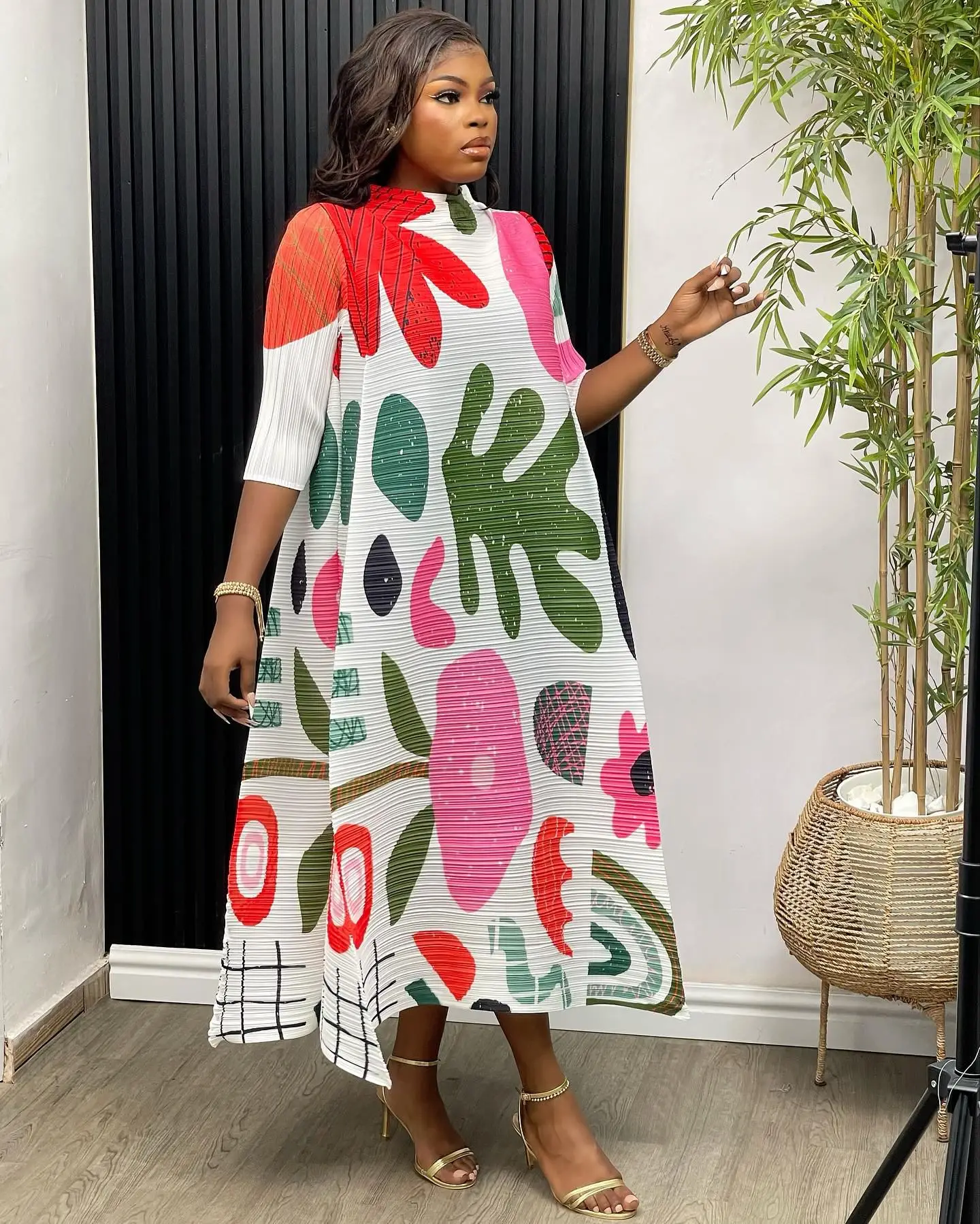 2023 Spring Miyake Latest Plant Floral Style  Casual Wrist Sleeves Pleated Plus Size  Women Dress Clothing