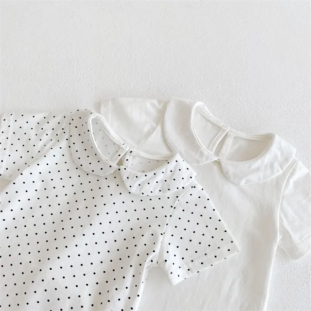 1 Pcs Custom Tag Plain Cotton Romper Summer Newborn Infant Toddler Clothes Peter Pan Collar Short Sleeve Baby Girls Bodysuit